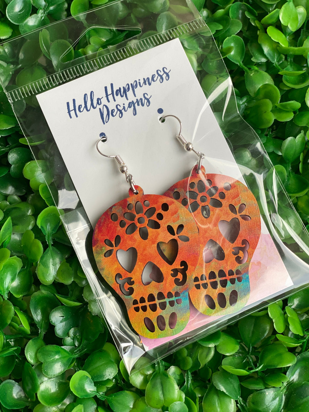 Multicolor Sugar Skull Wood Dangles